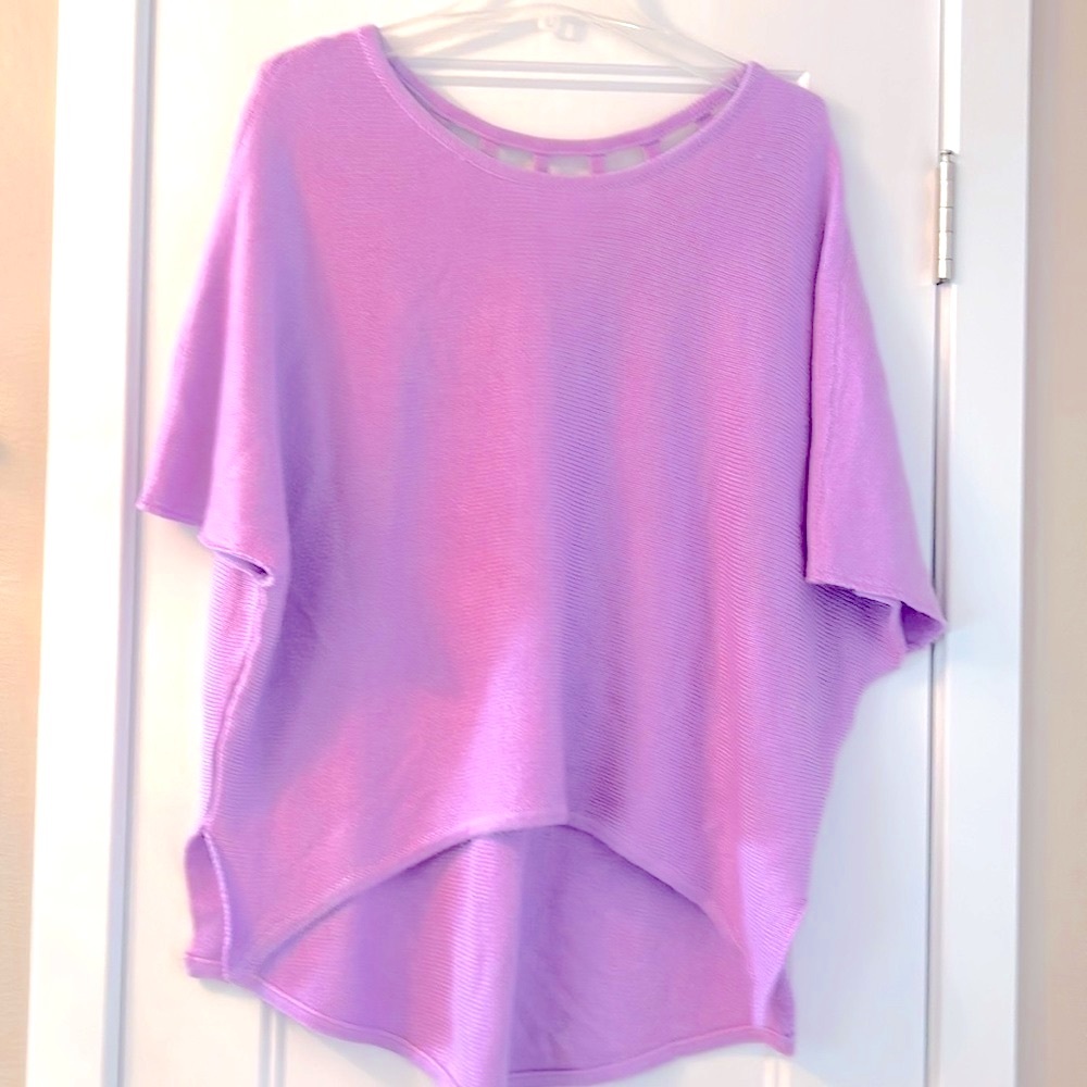 Allen B Oversized Knit Short Sleeve Sweater M Lavender Cut Out Back Loose Fit